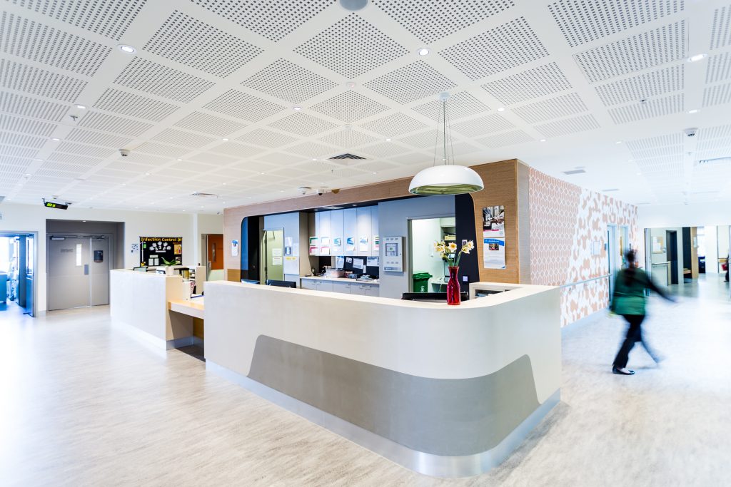 A long shot of the Werribee Mercy Hospital reception desk.