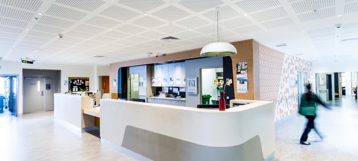 A long shot of the Werribee Mercy Hospital reception desk.